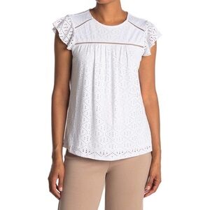 Adrianna Papell Womens Eyelet Lace Cap Sleeve Top White Lined NWT